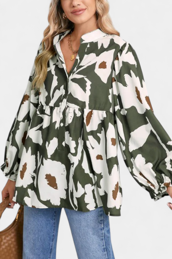 Filomena Blouse with Half Buttons, Puff Sleeves and Abstract Floral Pattern