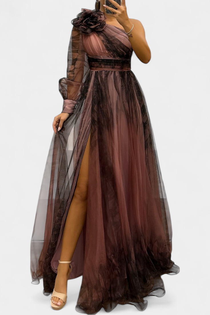 Becca Off-the-Shoulder Chiffon Maxi Dress with Voluminous Flower