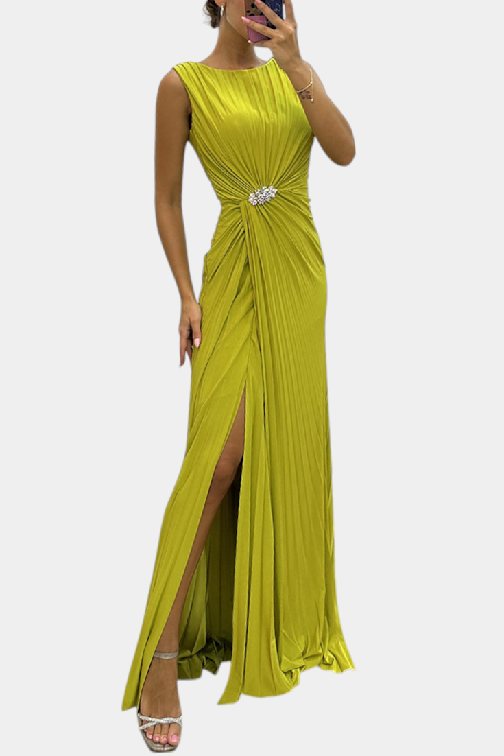 Shiloh Pleated Maxi Dress with Side Slit and Crisscross Neckline