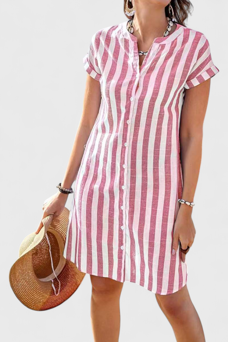 Sandrine Striped Linen Shirt Dress with Buttons