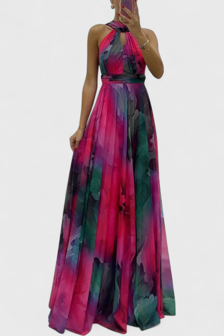 Floral Chiffon Maxi Dress with Tie Neck