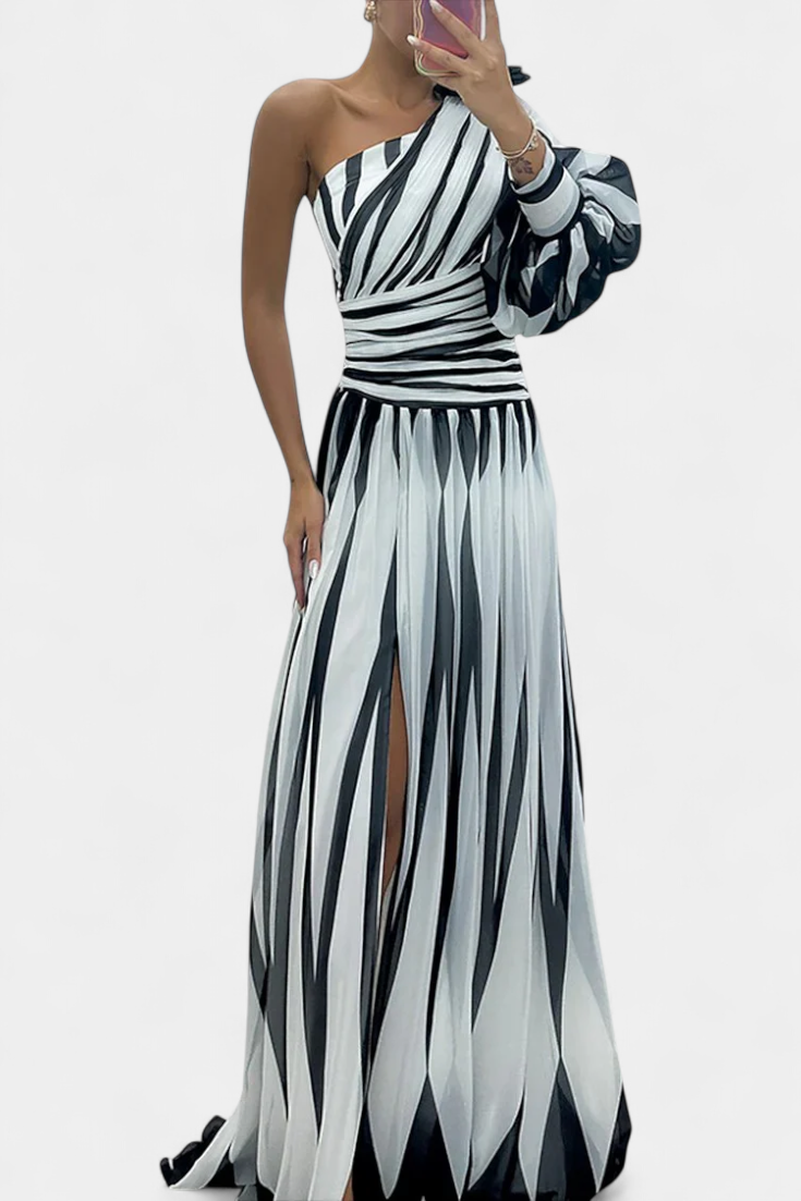 Bethania - Elegant Long Striped One Shoulder Dress
