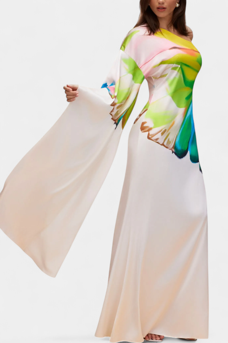 Beryl Asymmetric One-Sleeve Dress with Print