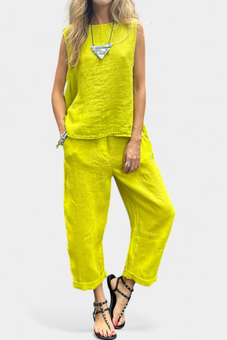 Leona Sleeveless Set with Vest and Pants made of Cotton and Linen