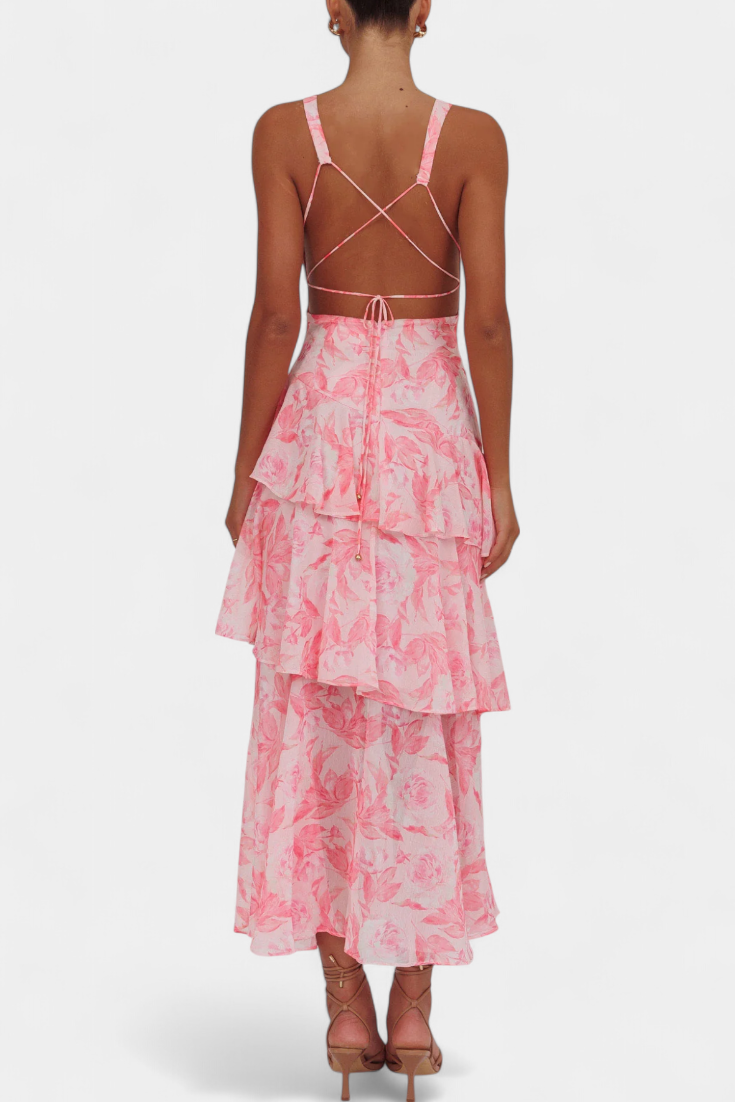 Domenica Chiffon Dress with V-Neckline and Airy Layers