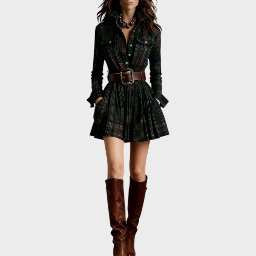 Brenna | Vintage Mini Dress with Collar in Red and Brown Check (Includes belt)