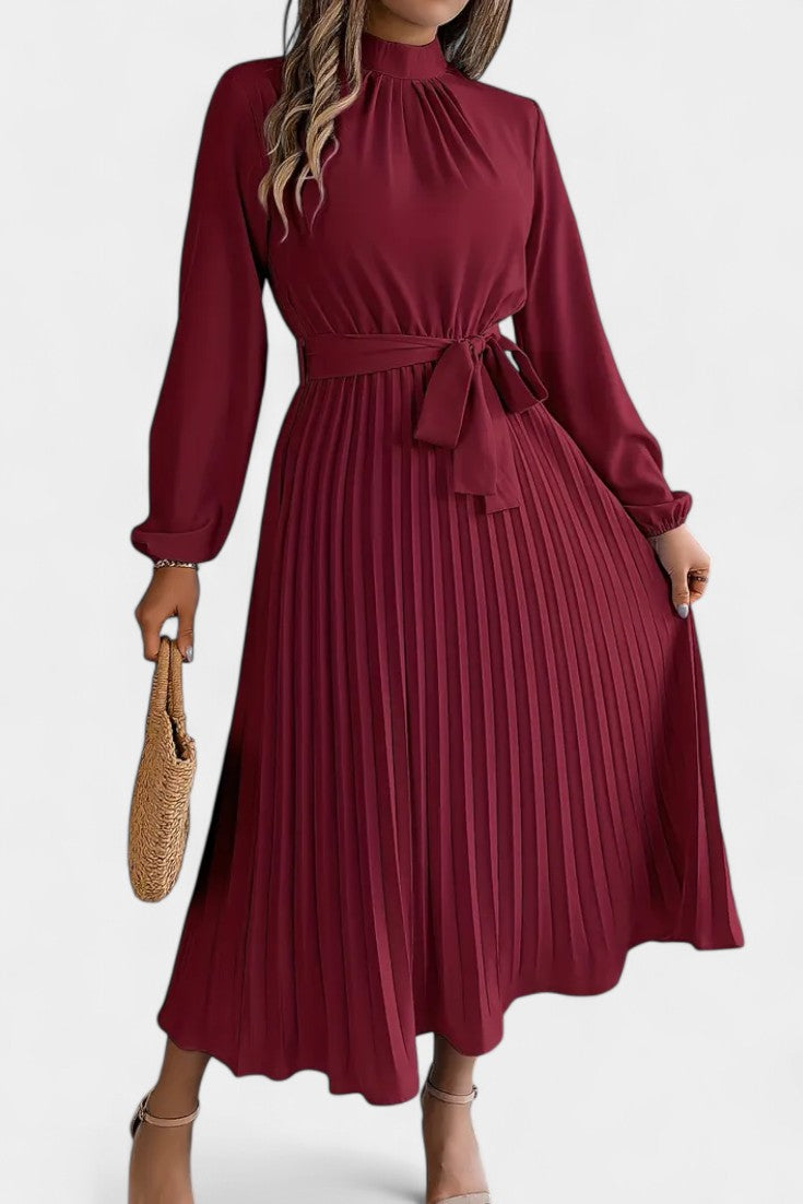 Theresa High Neck Dress with Pleated Belt