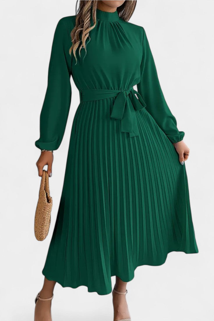 Theresa High Neck Dress with Pleated Belt