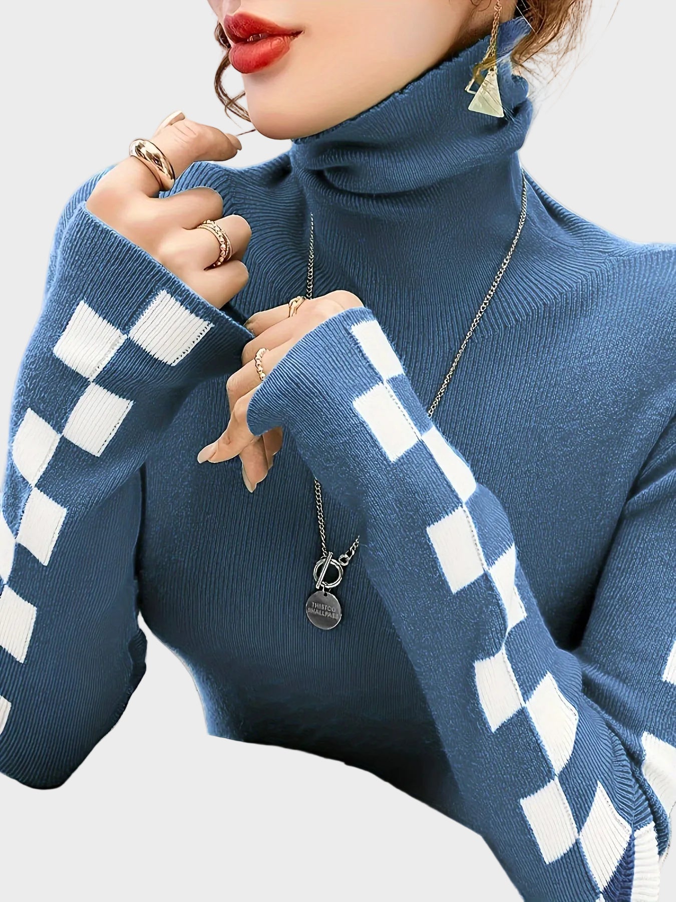 Wanda | Check Sleeve High-Neck Sweater