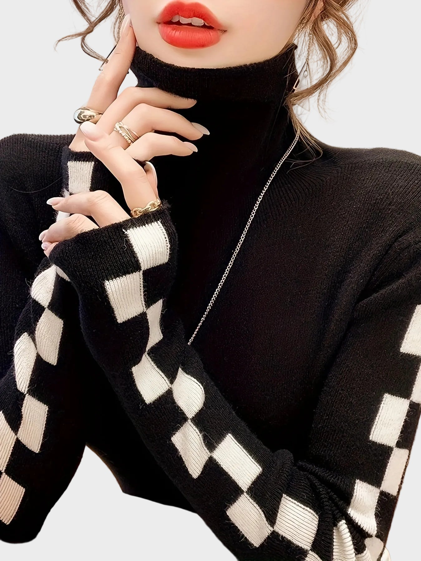 Wanda | Check Sleeve High-Neck Sweater