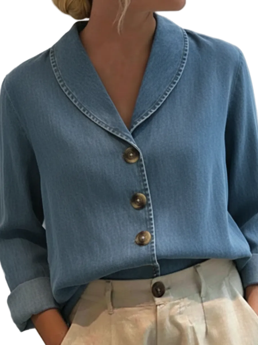 Riley - Vintage Shawl Collar Button-up Denim Cotton Top
