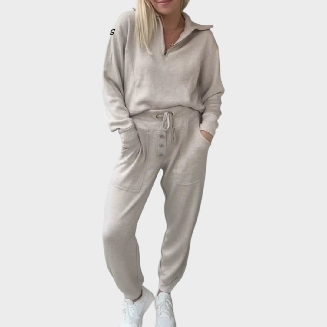 Natassa | Everyday Travel Hoodie with Zipper and Button Pants Two-Piece Set