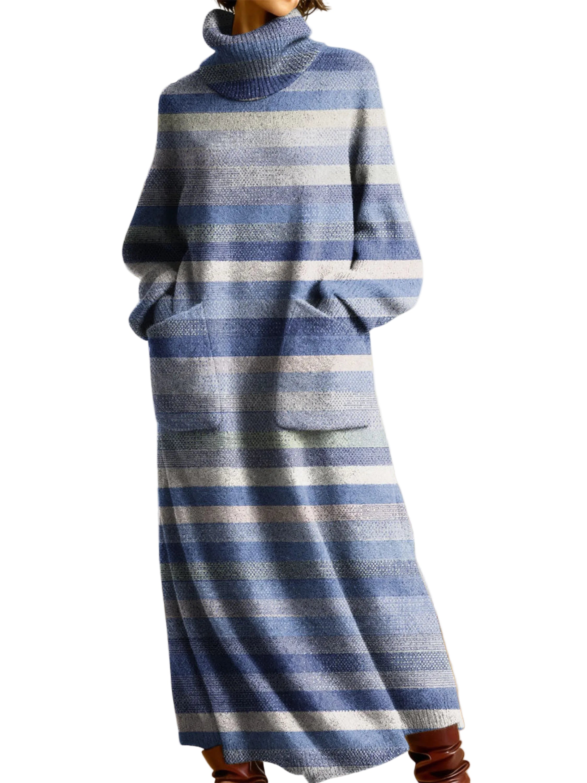 Freya | Women's Retro Geometric Patchwork High-neck Long-sleeve Casual Loose Knit Dress