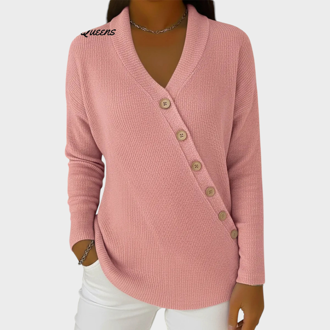 Rizza | Casual solid color sweater with V-neck and slanted buttons