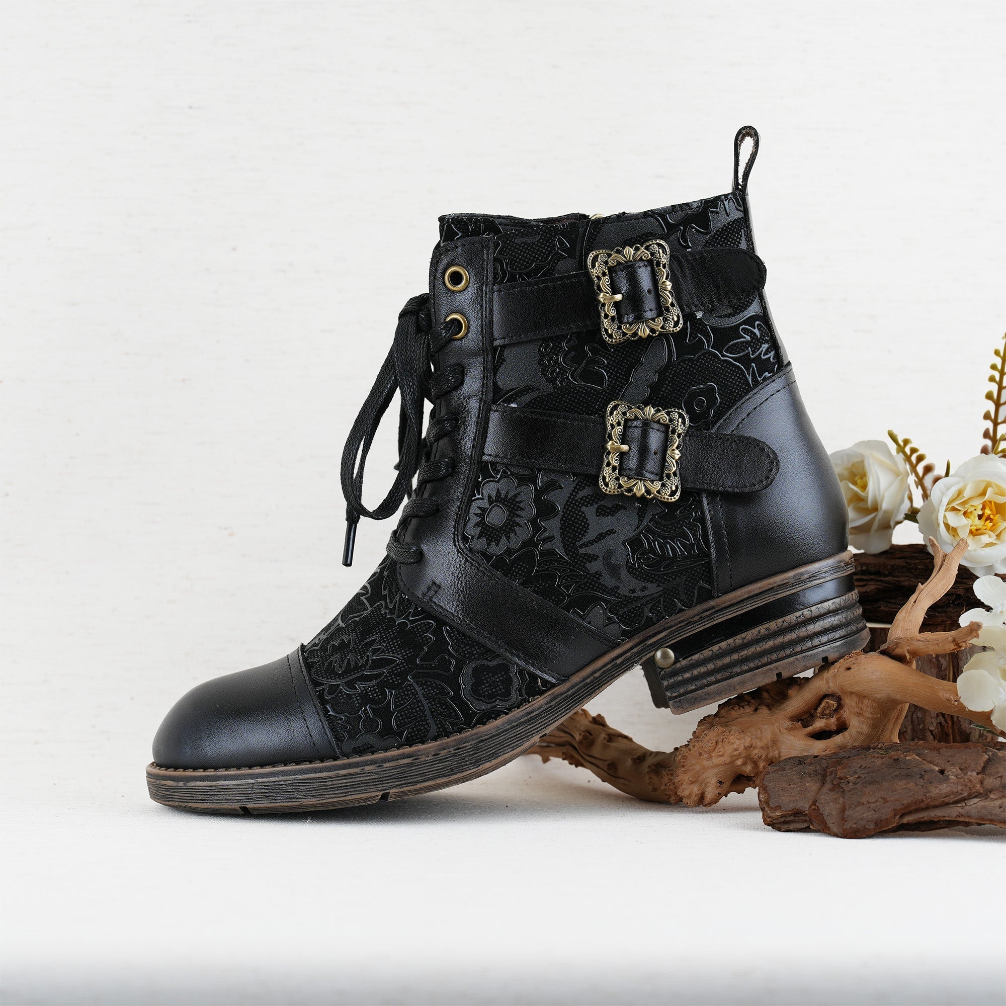 Cerila | Timelessly Elegant Flat Ankle Boots with Floral Pattern and Laces