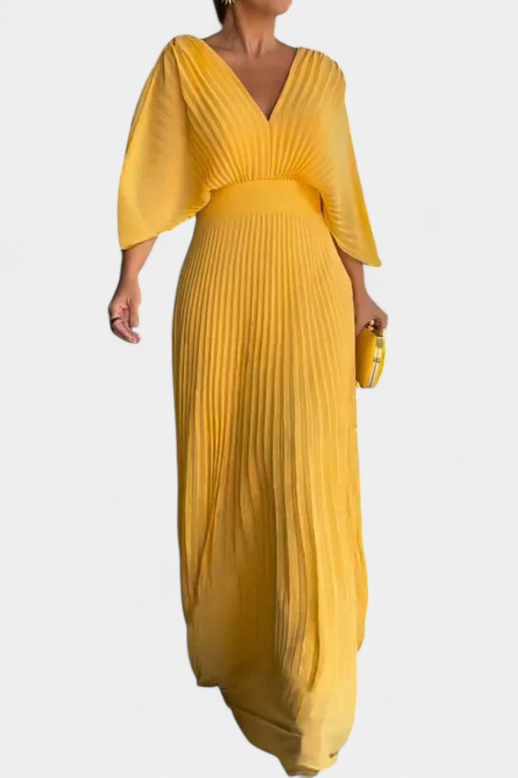 Anita Midi Dress with Pleats and V Neckline