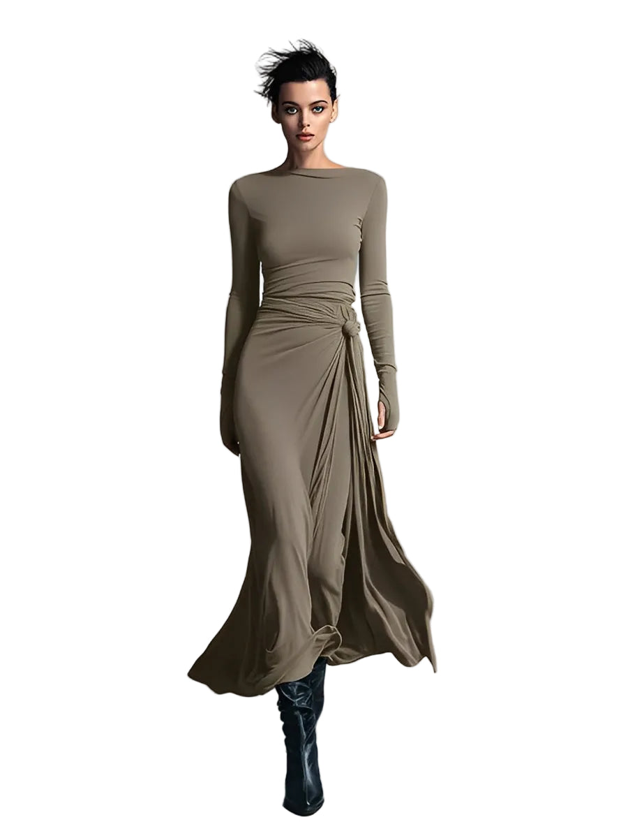 Belle | Women's Gray Exquisite Stretch Blended Fabric Wrap Dress - Knotted Maxi Dress
