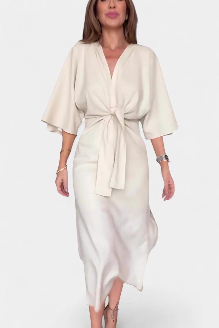 Ainhoa Casual Dress with Knot Front and Plunging Neckline