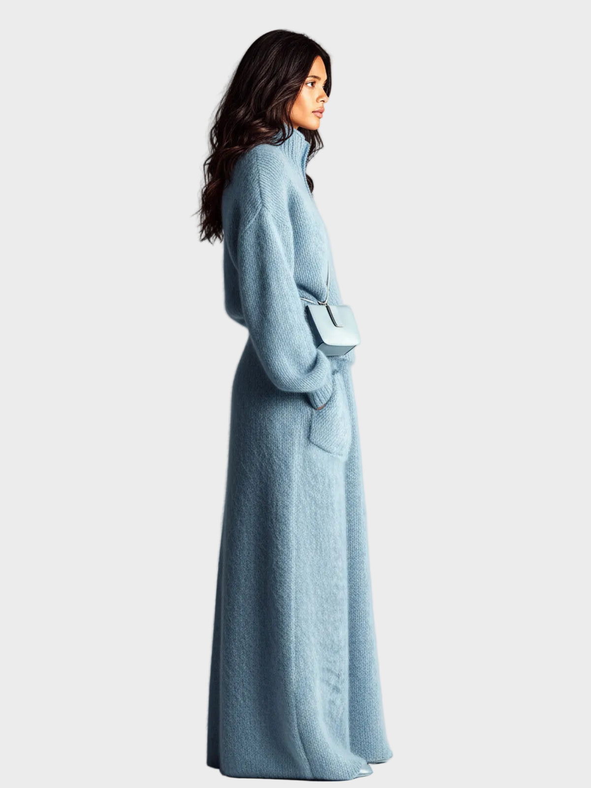 Rosie - Chic and elegant blue two-piece set with a knitted sweater with a stand-up collar, V-neck, long sleeves and a loose fit, and a maxi skirt with a pocket and fluffy knit