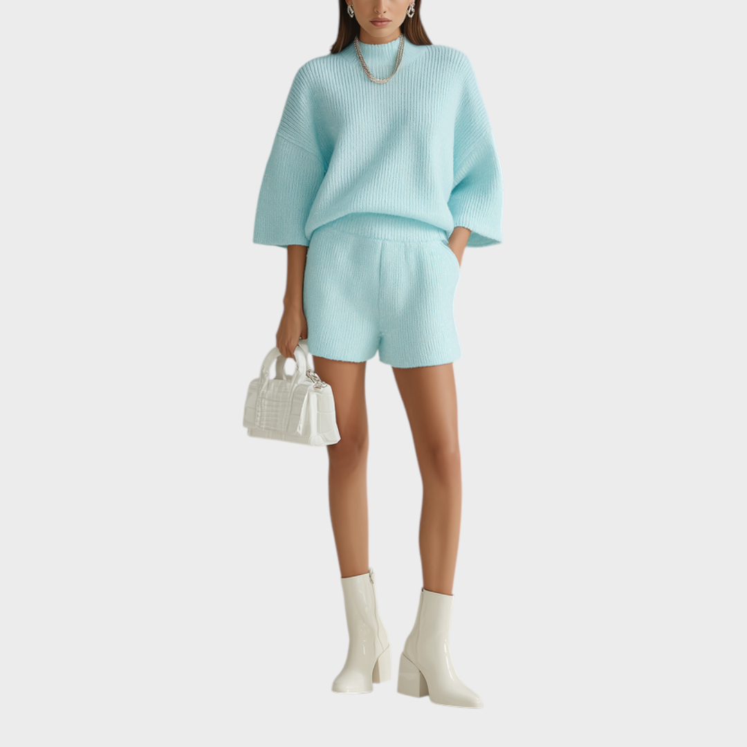 Stephanie | Casual Baby Blue Mock Neck Short Sleeve Oversized Sweater Wide-Leg Shorts Knit Two-Piece Set