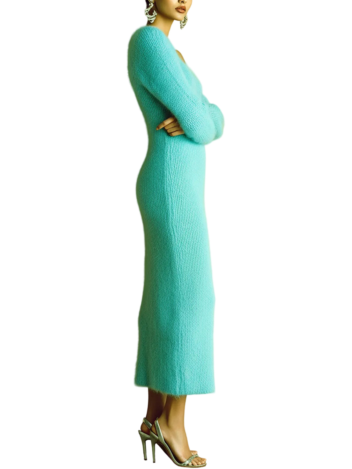 Kim - Stylish Solid Color Mohair One-Shoulder Long Lantern Sleeve Bodycon Knit Maxi Dress