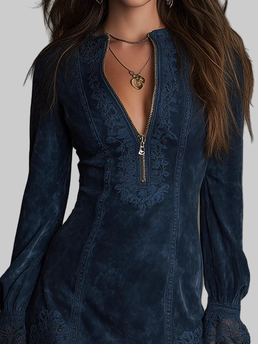 Jasmine –Blue Suede Mini Dress with Lace