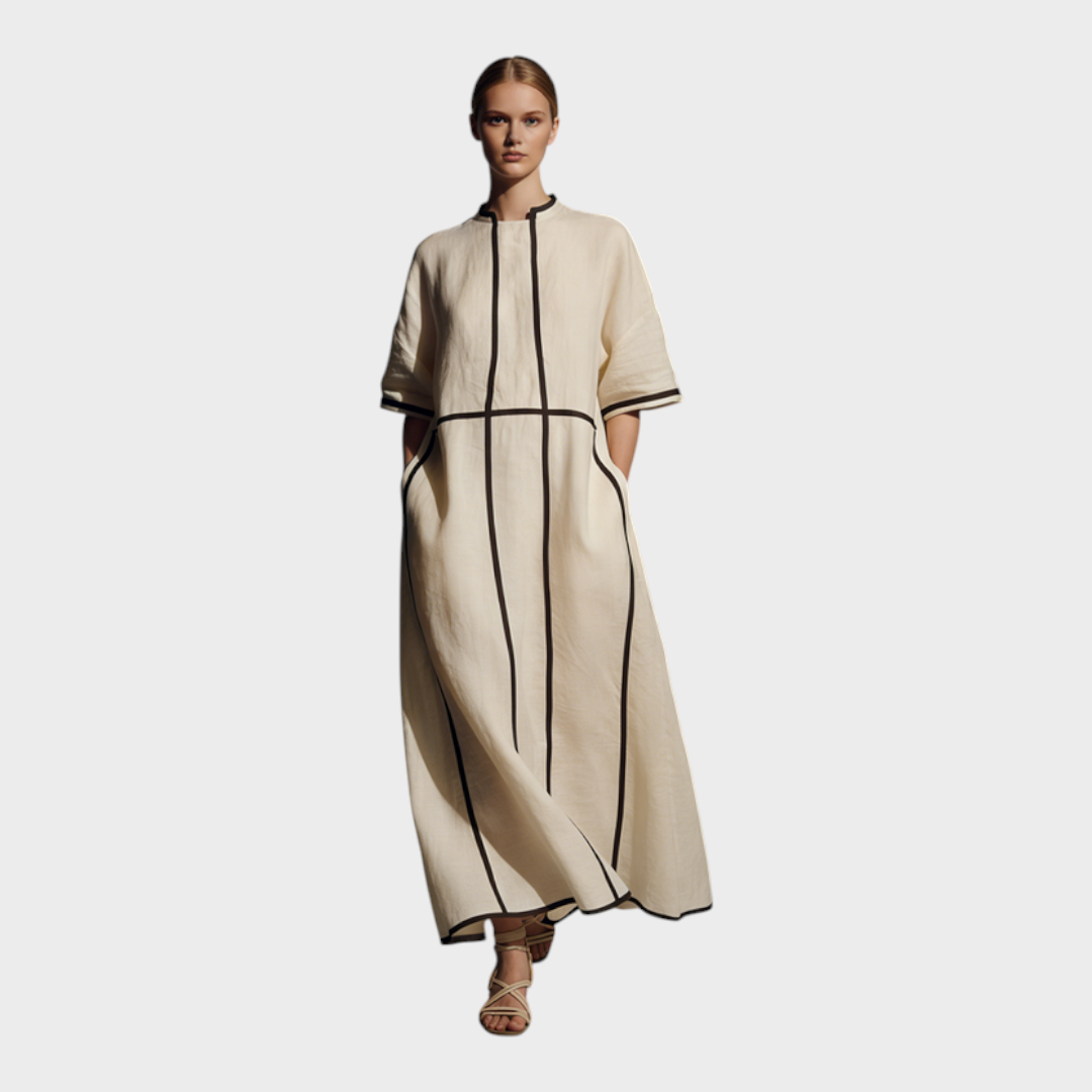 Peyton | Women's Modern Linen Blend Beige Stand-Collar Half-Sleeve Contrast-Line Pocketed Maxi Dress  MDA2924L4AU