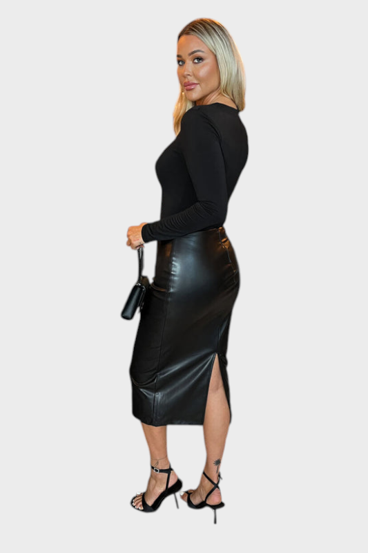 Bridget | Black 2 in 1 Faux Leather Skirt Long Sleeve Midi Dress