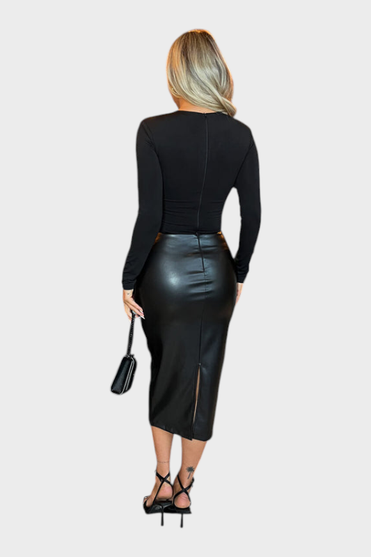 Bridget | Black 2 in 1 Faux Leather Skirt Long Sleeve Midi Dress