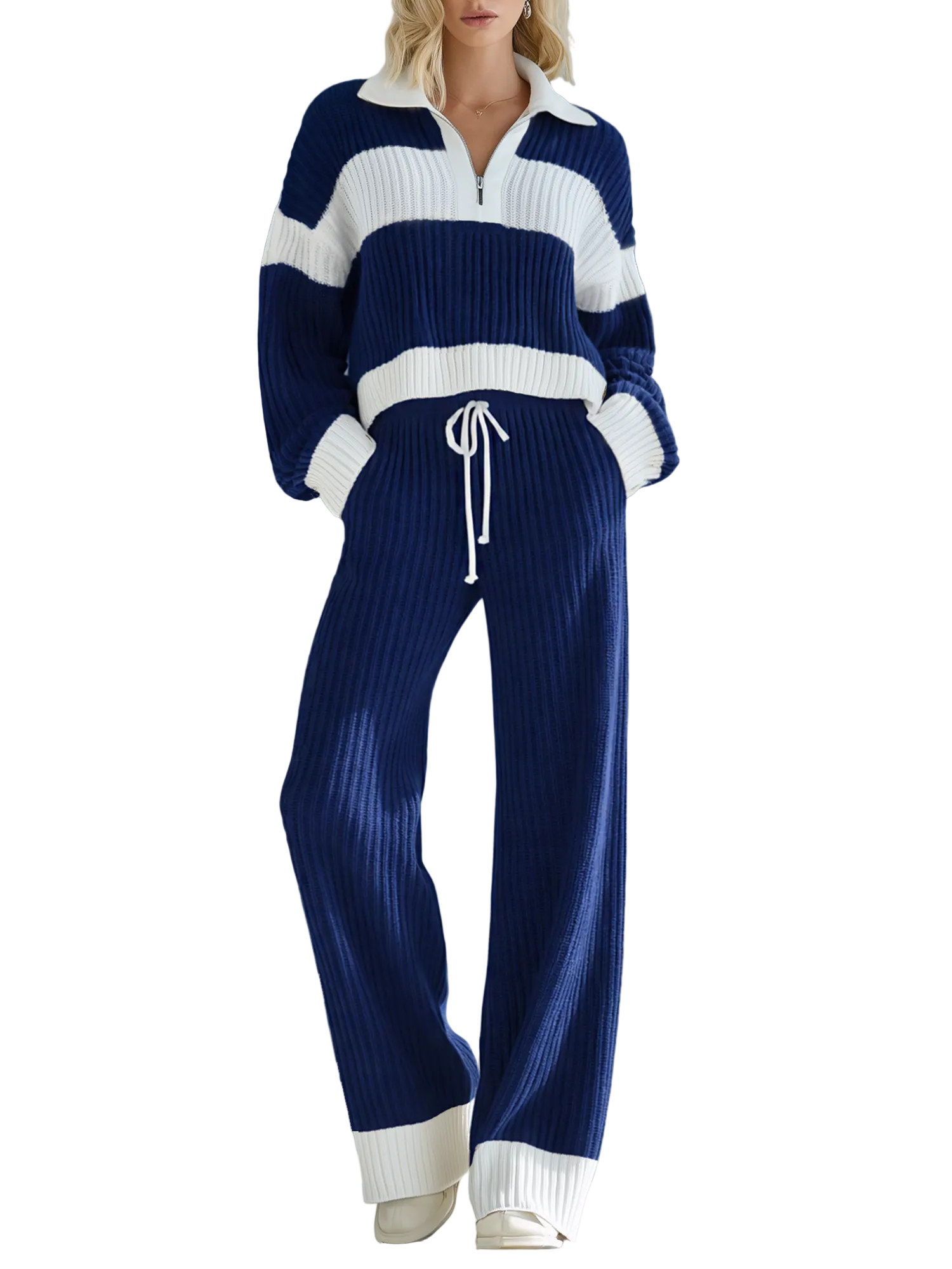 Marisol - Women's Beige And White Striped Knitted Collared Half-zip Casual Set