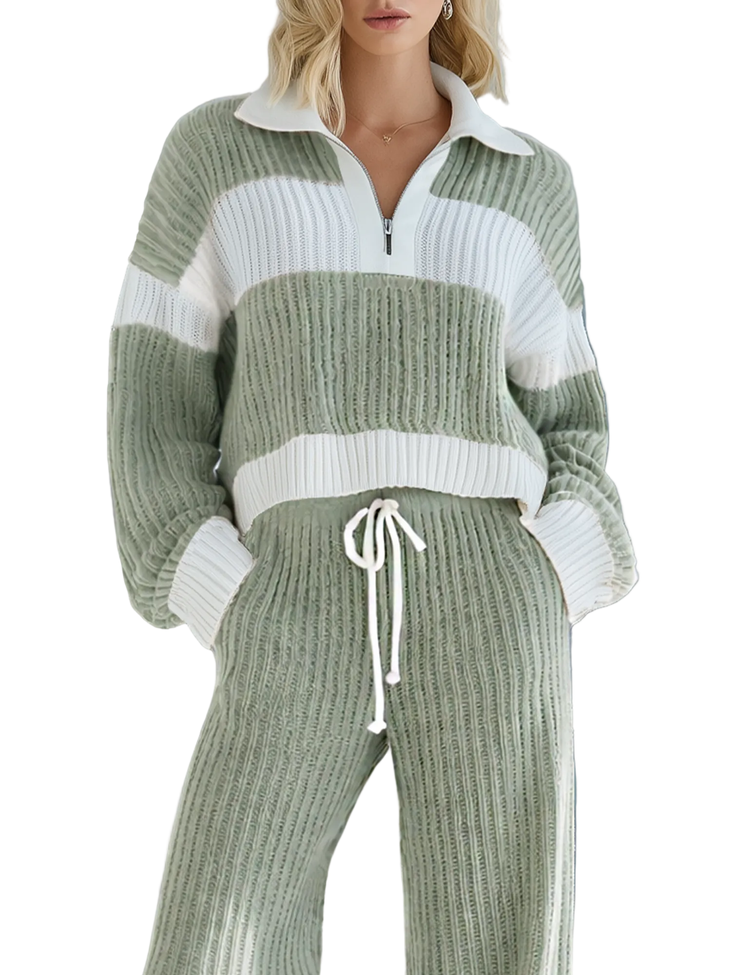 Marisol - Women's Beige And White Striped Knitted Collared Half-zip Casual Set
