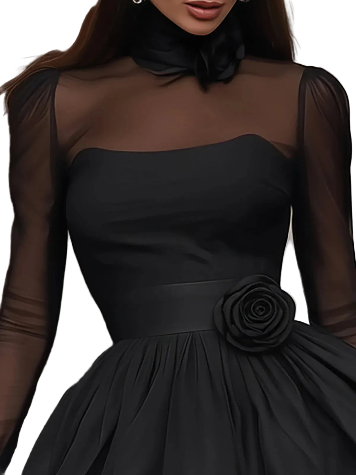 Nola - Black Tulle Accent Puff Skirt Mini Dress