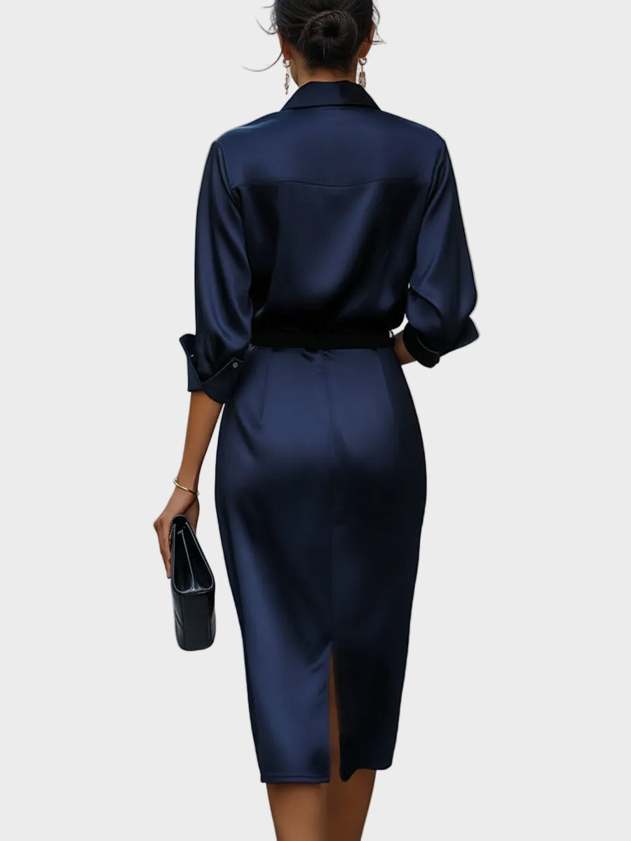 Delilah | Elegant Satin Draped-Collar Midi Dress With Black Belt