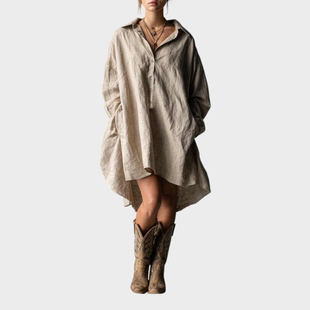 Laurice | Women's Fashion Loose Cotton And Linen Button Lapel Mini Dress MDA1854H2Y