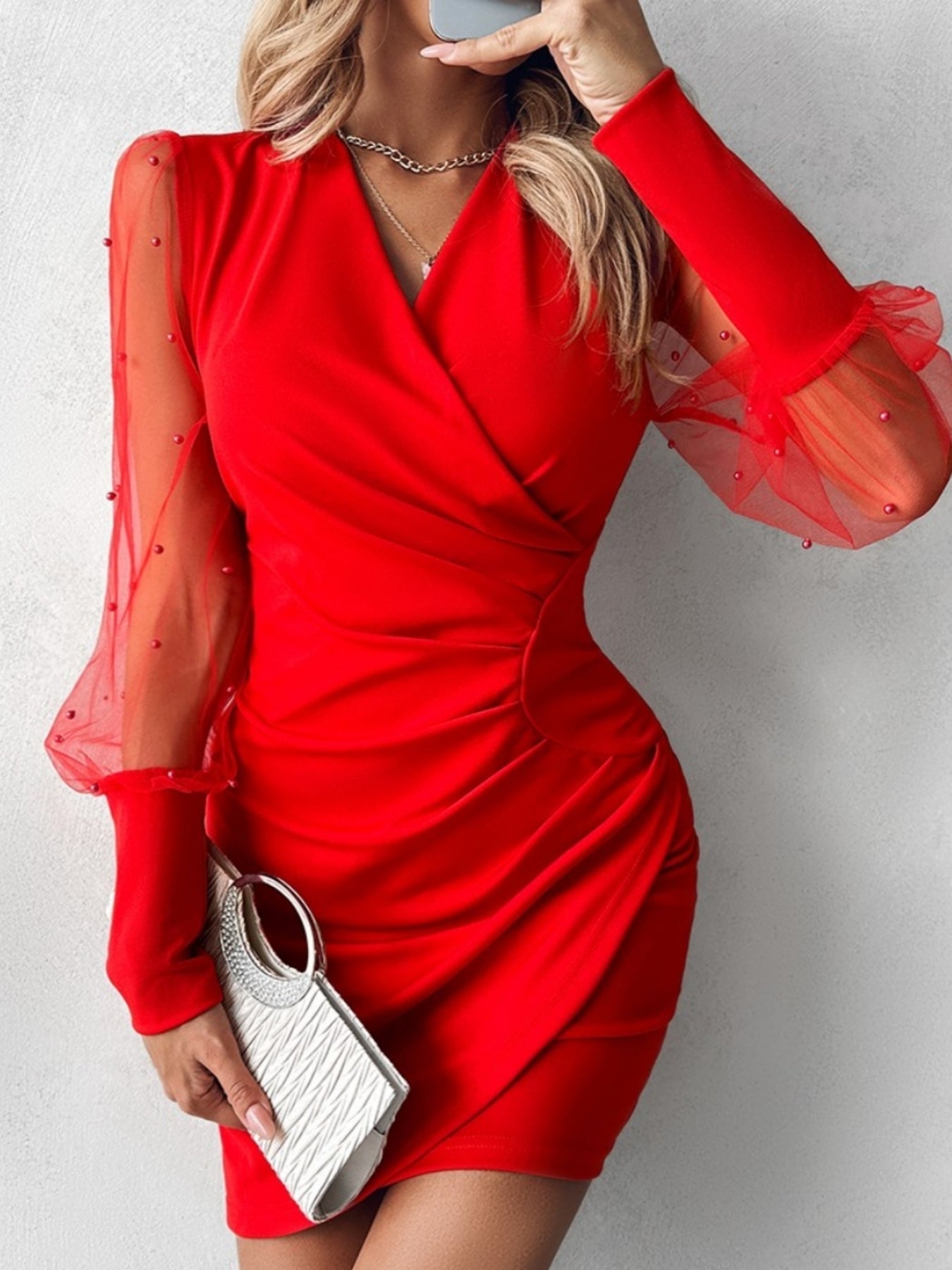 Yamato | Dress with Pleats and Beads with Tulle Sleeves