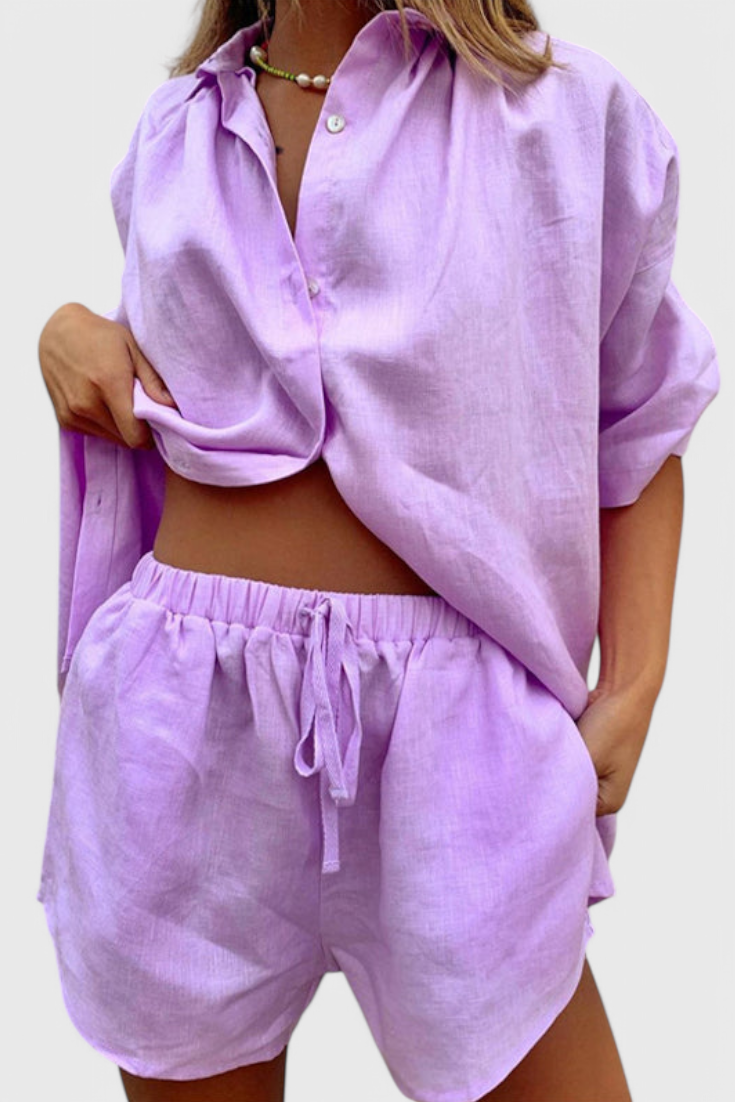 Anika Two-Piece Set with Button-Down Shirt and Drawstring Shorts