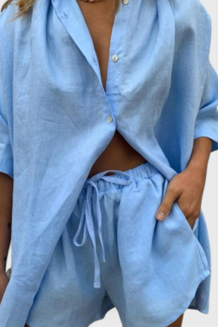 Anika Two-Piece Set with Button-Down Shirt and Drawstring Shorts
