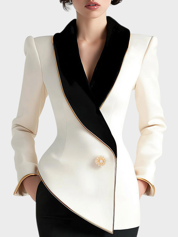 Sahra | Elegant Asymmetric White Blazer with Black Contrast Lapels