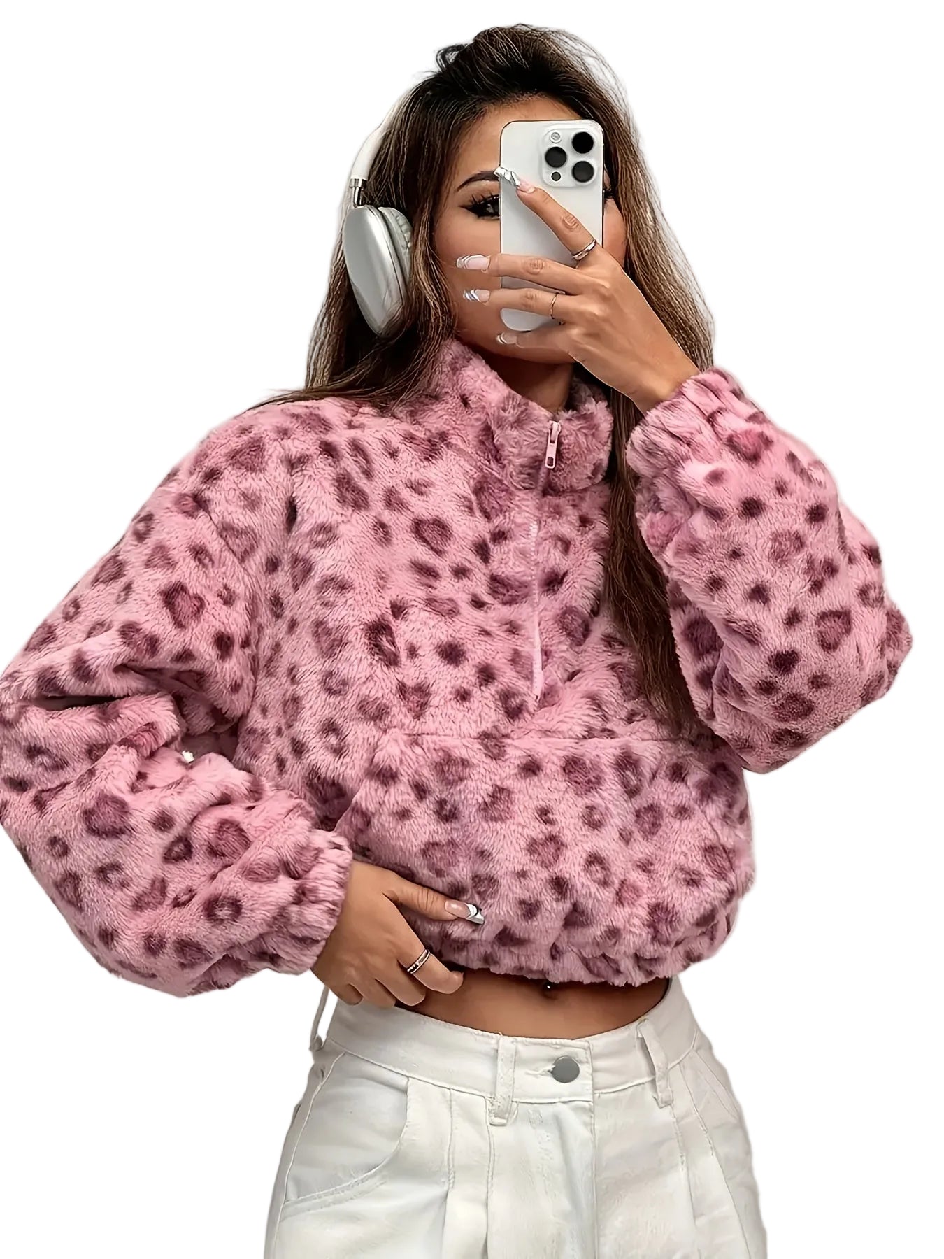 Zaria | Leopard Print Zip Fleece Sweatshirt