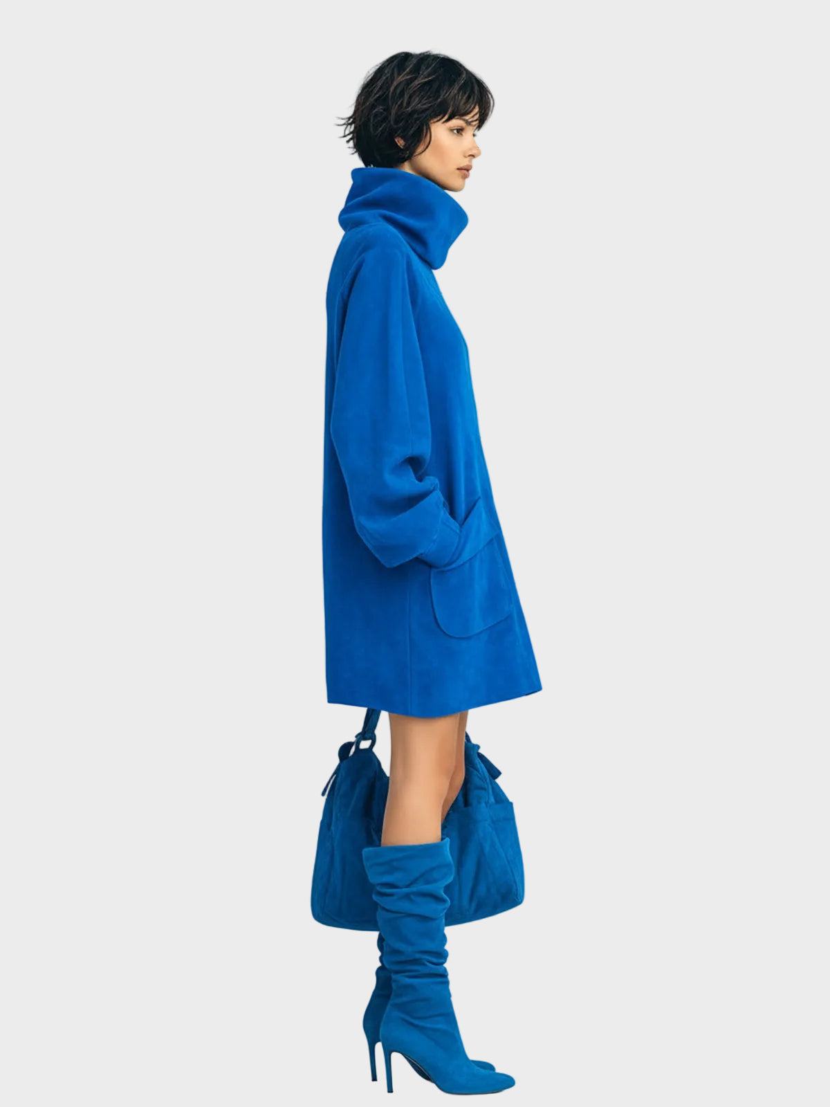 Meria | Elegant Royal Blue Mini Dress in Faux Suede with Oversized Turtleneck, Long Lantern Sleeves, and Patch Pockets