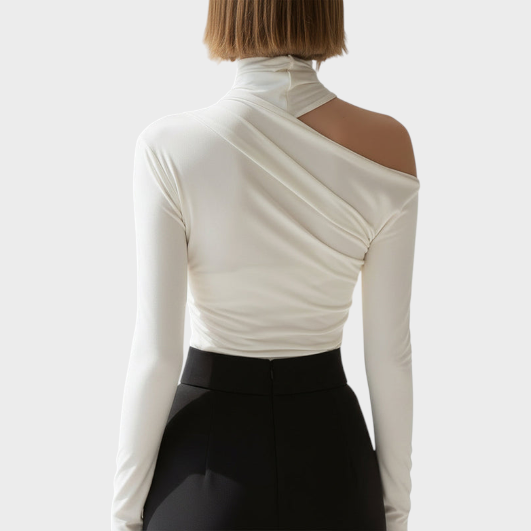 Carlie | Asymmetric Draped High-Neck Long Sleeve Top