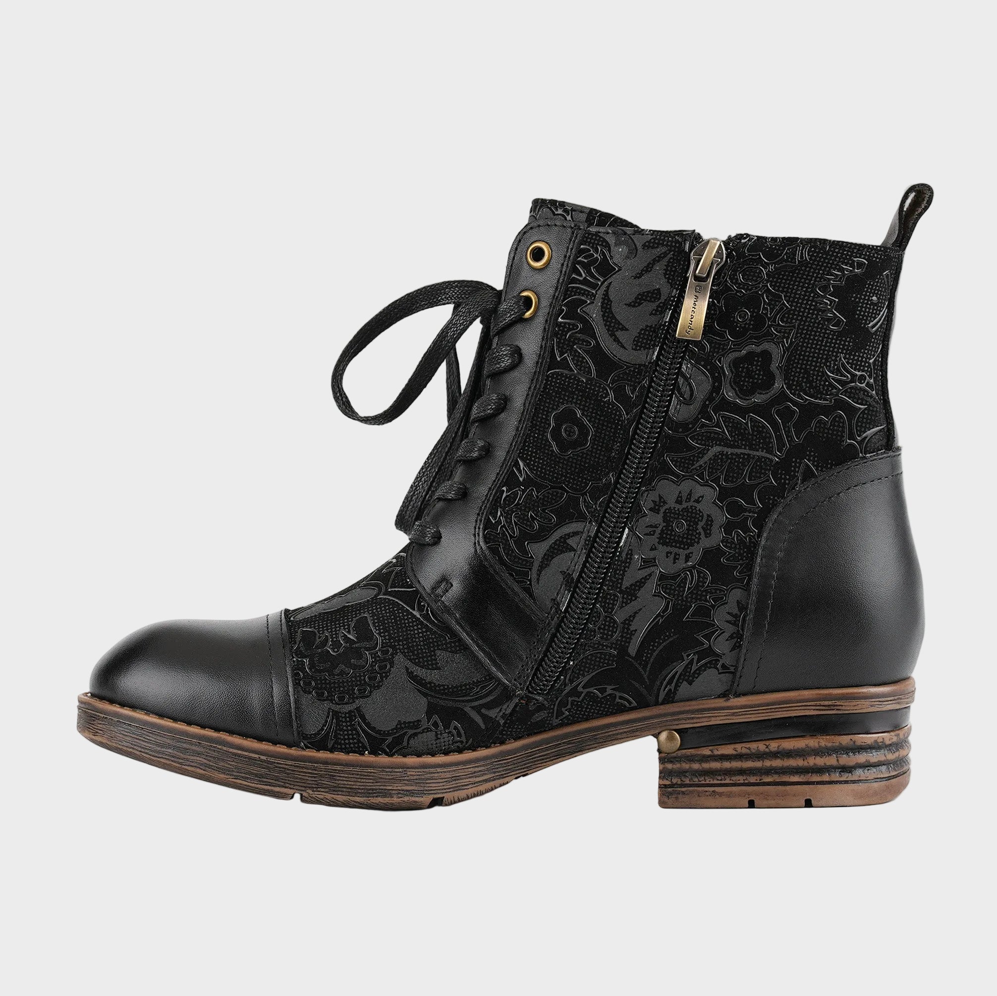 Cerila | Timelessly Elegant Flat Ankle Boots with Floral Pattern and Laces
