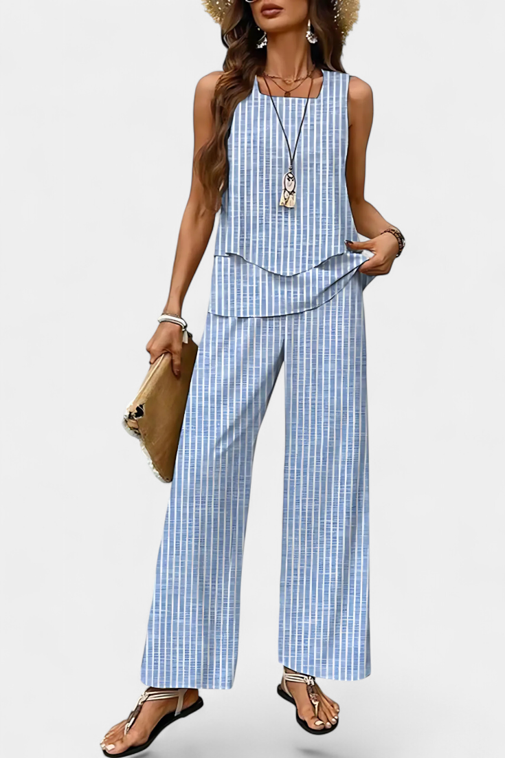 Martina Elegant Boho Sleeveless Set with Patterned Straight Pants