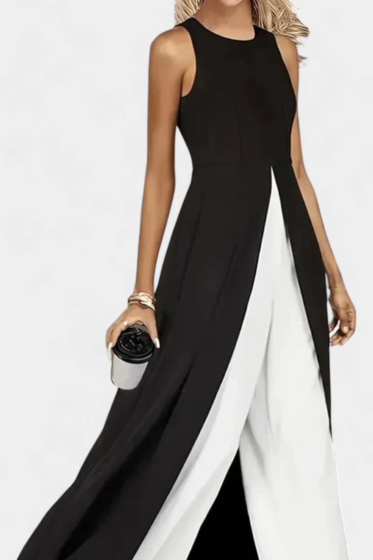 Alicia Elegant Two-tone Sleeveless Set with Wide Leg Pants