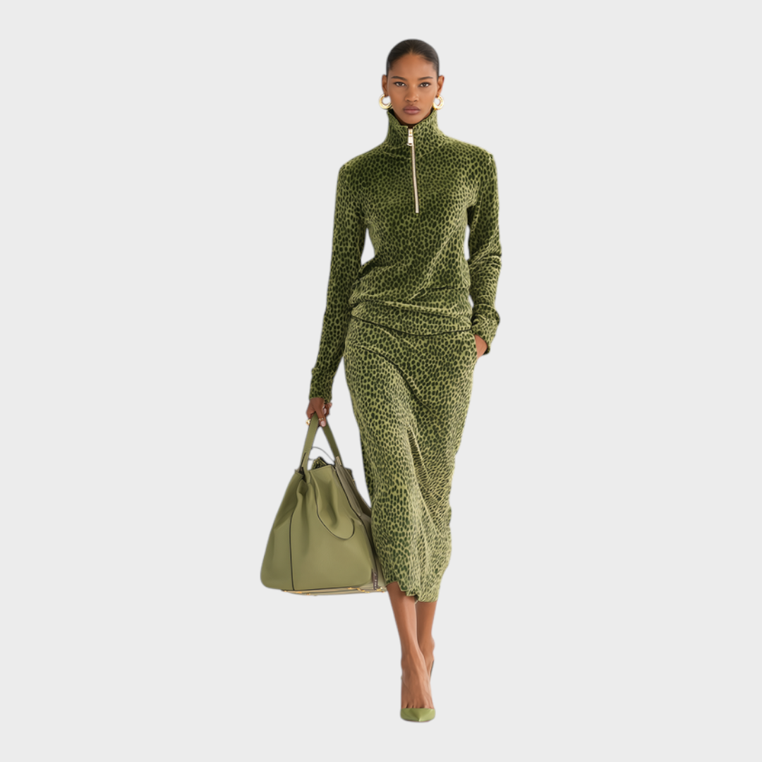 Jessie | Velvet Top Set with Stand Collar and Leopard Print Skirt