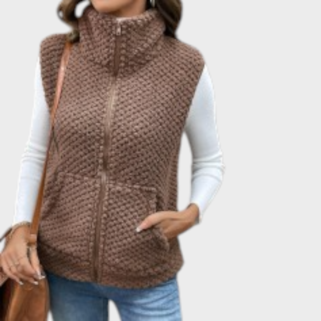 Klarisse | Sleeveless jacket with curved collar and kangaroo pocket in dark brown