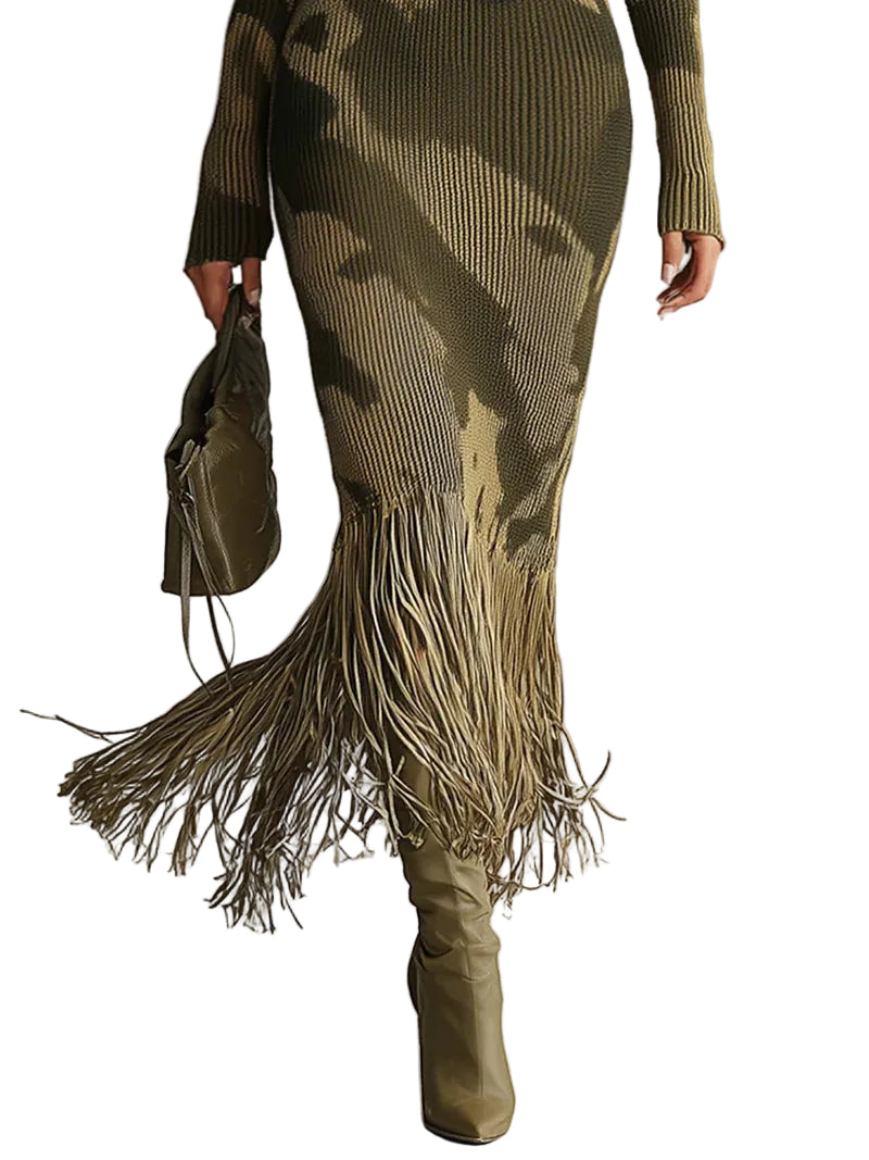 Paula - Olive Camo Knit V-Neck Fringe Hem Midi Dress