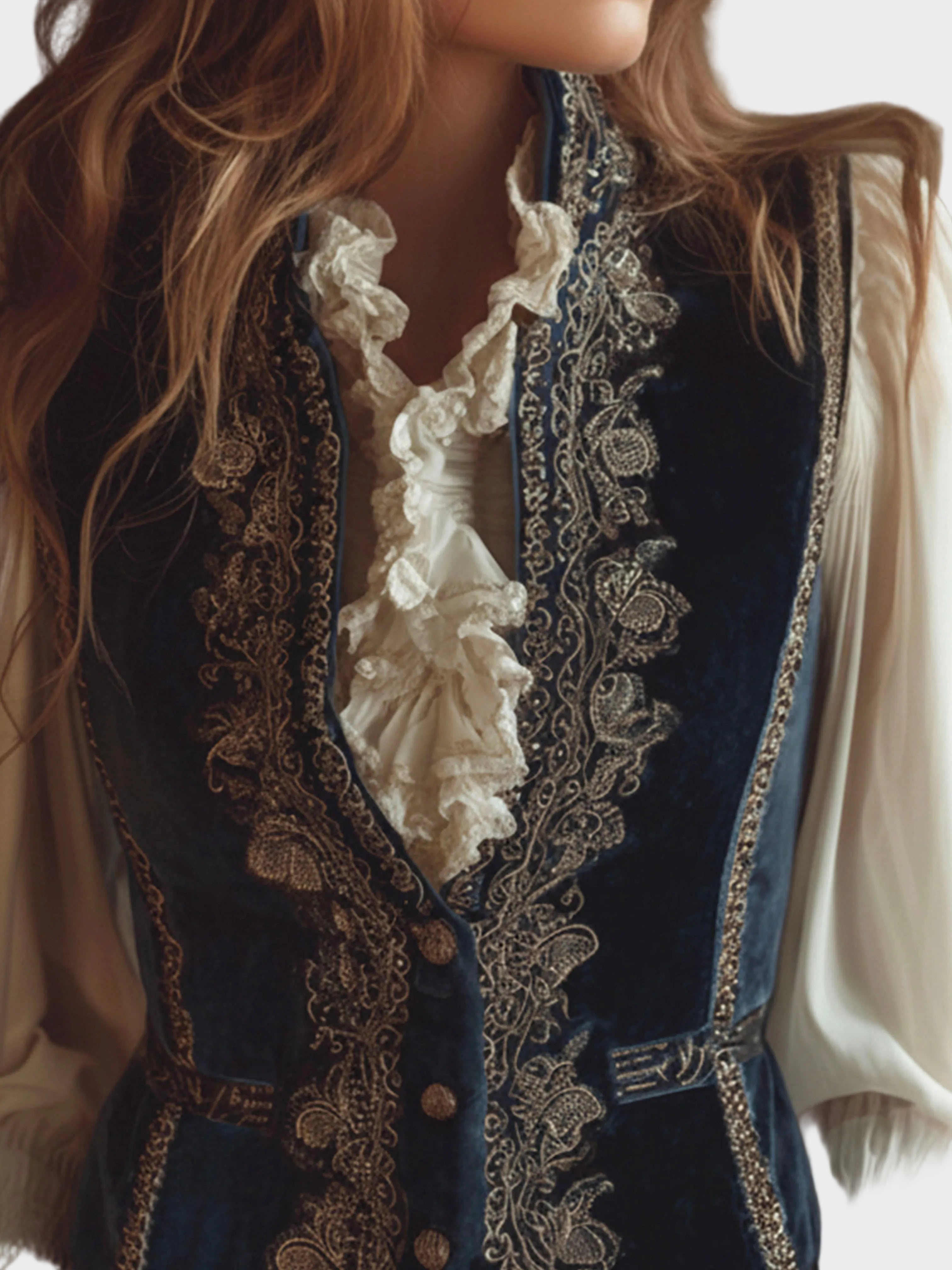 Melanie - Vintage baroque velvet embroidered vest in navy blue