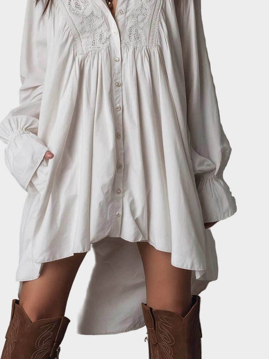 Mary- Retro mini dress with lace, asymmetrical hem and long sleeves