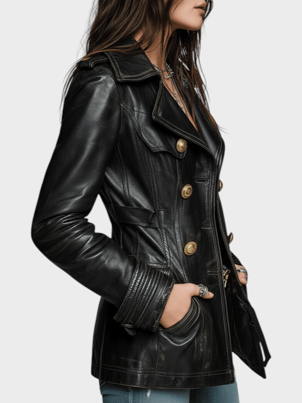 Helga | Vintage Black Faux Leather Double Breasted Jacket